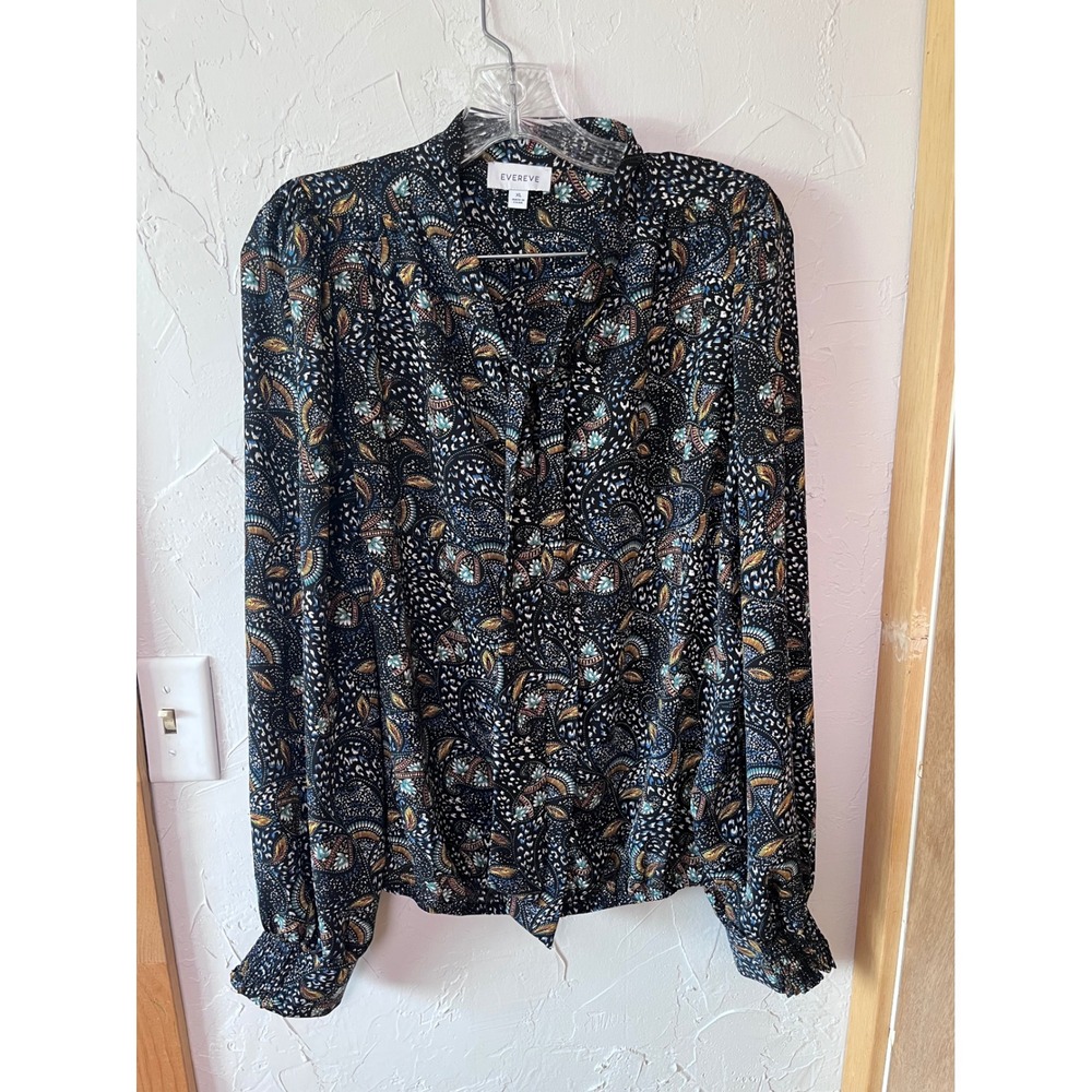Evereve XL Paisley Tie Neck Blouse Black Teal Gold Floral‎ Smocked Cuff Top